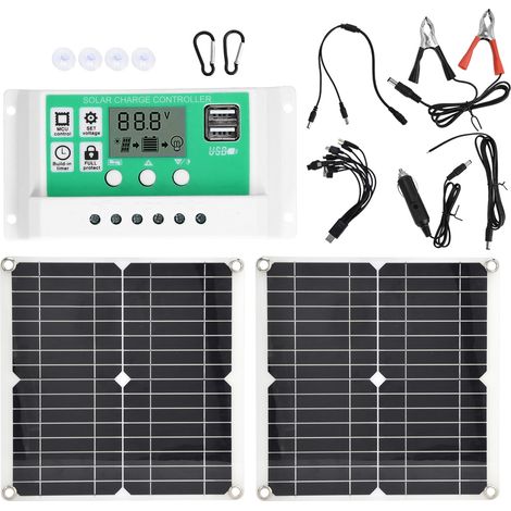 Kit 2 panneaux solaires 15W + régulateur 50A + câbles, ports USB doubles pour voiture, bateau, marine.