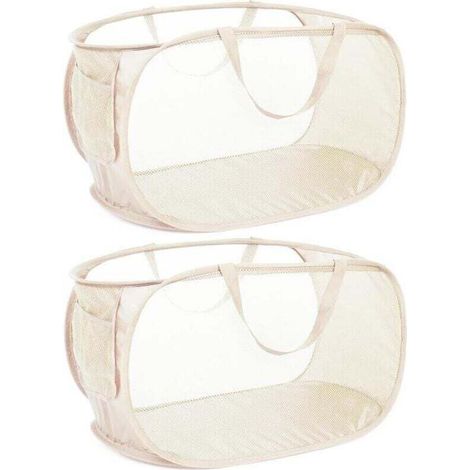 Heavy-duty mesh collapsible laundry basket, with side pockets and reinforced handles, ideal for laundry, bathroom, dorm room or travel. Set of 2, beige. (1/4)