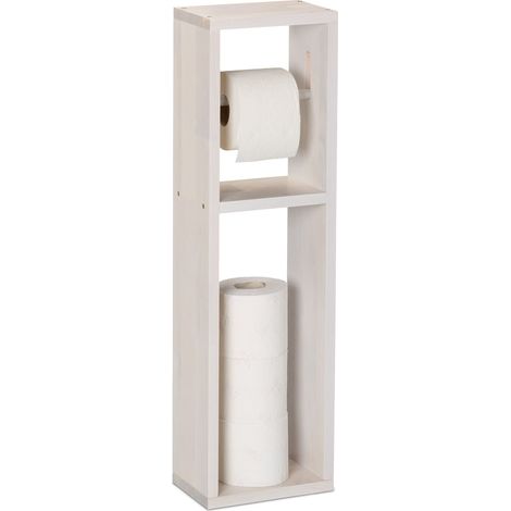 Relaxdays Piantana Portarotolo Carta Igienica Bagno, Parete o Terra, 4 Rotoli Cartaigienica, 70x20x13 cm, Legno, Bianco (1/5)
