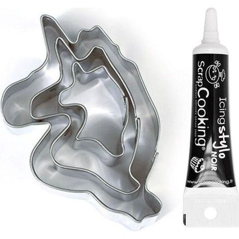 3 mini emporte-pièces en inox Licornes + Stylo de glaçage noir