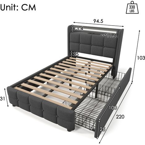 Lit rembourré avec fonction de chargement USB, tête de lit, éclairage LED et 2 tiroirs  lit simple 90x200cm  cadre de lit coffre  sommier à lattes en bois  gris (matelas non inclus) (1/4)