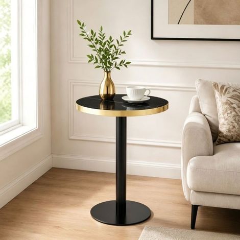 Table Basse forme ronde plateau effet marbre bord doré structure métal noir et doré usage polyvalent (1/5)