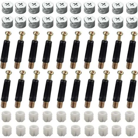 40 jeux (120 pièces) de connecteurs pour meubles, connecteurs pour armoires, kit de fixation M15, vis excentriques, cames et boulons, bouchons de fixation, écrous avant M6 x 40 mm pour armoire/commode (1/4)