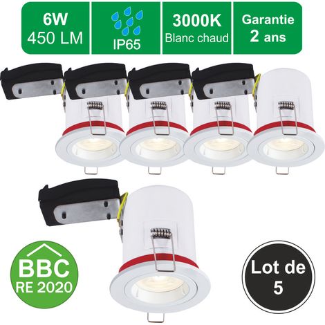 Lot de 5 supports spot BBC salle de bain IP65 + GU10 6W 450lm inclus - garantie 2 ans