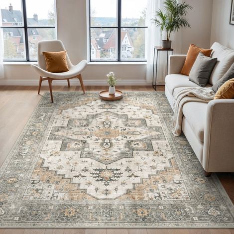 Tapis Salon Vintage 200x290cm Lavable en Machine Rug Grand AntidéRapant Poil Ras, pour Chambre Salle a Manger Descente de Lit Bureau, Cuisine, Gris Taupe (1/5)