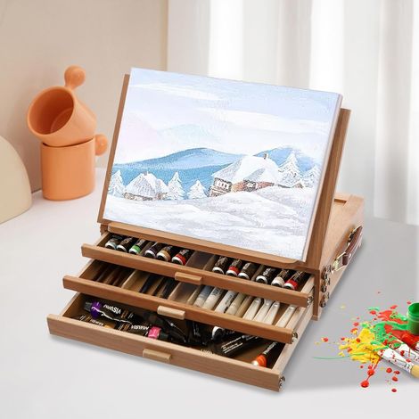Wooden Tabletop Easel Box, Beechwood Portable Folding Sketchbox, Adjustable 0–60° Angle, 3-Drawer Storage with Multiple Compartments, for Artists, Students, Beginners (1/5)