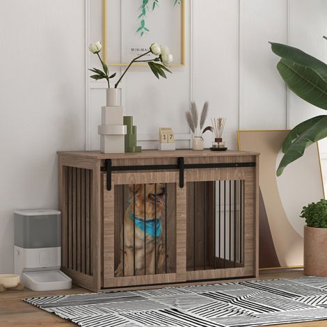 Hundebox Hundekäfig, Verriegelbar, Holzoptik, rustikales Design, 98 cm x 58 cm x 61 cm, Walnuss + Schwarz