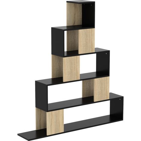 Étagère de rangement, bibliothèque géométrique à 5 niveaux, pour bureau, salon, chambre, noir et bois naturel (1/5)