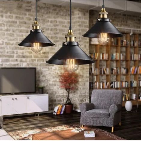Lot de 2 Suspension Luminaire Industrielle Vinatge Noir Lustre Plaofnnier en Métal Ajustable pour Salon Chambre Cafe Bar (1/4)