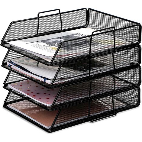 Lot de 4 plateaux à courrier empilables en métal grillagé, pour bureau ou école, noir. (1/5)