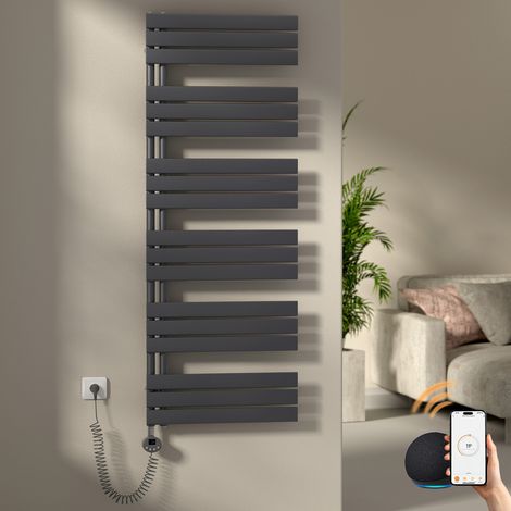 Elektrischer Handtuchheizkörper 1599 x 600 mm, 1000 W, WiFi, Heizstab mit Thermostat, Anthrazit – S'AFIELINA