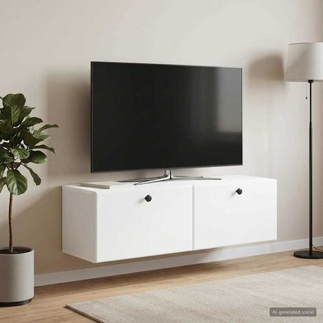 Meuble TV mural blanc en bois d’ingénierie avec portes pivotantes 98 x 31 x 30 cm - PANGIVO (1/5)