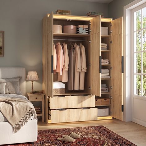 Armoire penderie 3 portes 135x47x200 cm MDF avec miroir LED et rangement chambre - CHICFURN (1/5)