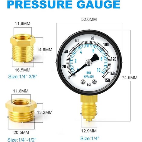 0-10 bar/0-150 psi Manomètre pour pompe de puits, cadran 2", 1/4" BSP, avec 2 douilles hexagonales en laiton 3/8" à 1/4" et 1/2" à 1/4", montage inférieur eau huile air (1/5)