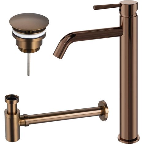 FugaFlow Eccelente Acces Ensemble robinetterie de lavabo - robinet de lavabo surélevé - bouchon toujours ouvert - siphon design abaissé - Cuivre
