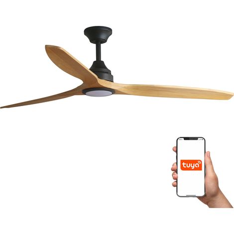 Faro Alo Grand ventilateur 3 lames noir mat, bois avec éclairage 2700 - 4000 - 6500 K, système intelligent Tuya (1/4)