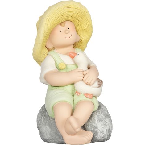 Statuetta da giardino Irovami "Bambino con cappello di paglia", decorazione da giardino, resistente alle intemperie, 23,5 cm x 25 cm x 43 cm