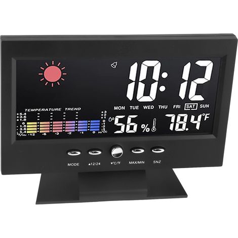 Horloge Météo ABS Écran LED Couleur Multifonction Thermomètre Hygromètre Réveil Noir (1/5)
