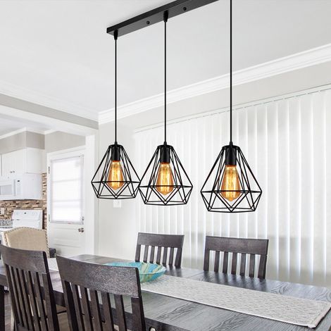 Industrial Pendant Light Retro Black Metal Ceiling Light Ø20cm Diamond Hanging Light Vintage 3 Lights Chandelier Fixture for Kitchen Island