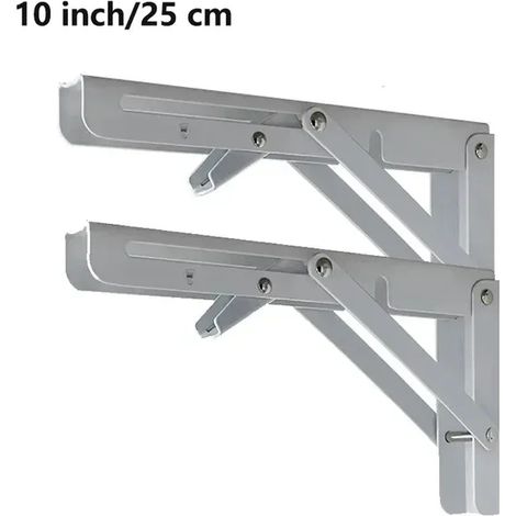 (Blanc 25 cm) 2 supports d'angle triangulaires pliables, robustes et réglables, pour fixation murale, banc, table ou étagère. (1/5)