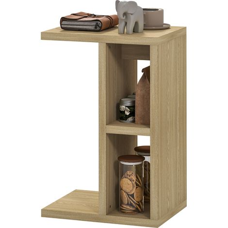 Dreistufiger, C-förmiger Beistelltisch mit zwei offenen Fächern, 40 x 29,8 x 60 cm, Eiche
