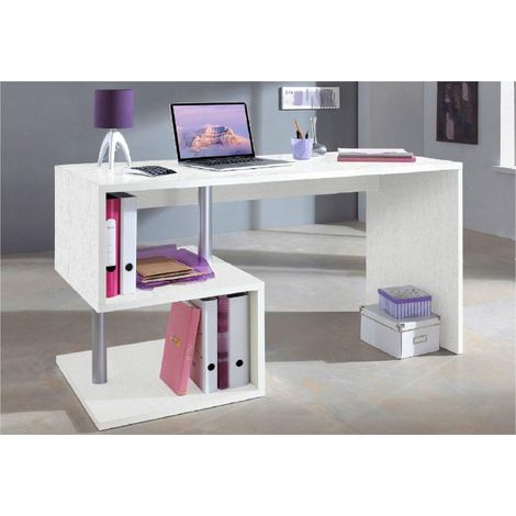 Bureau moderne pour bureau et étude avec étagère, Table d'ordinateur, Bureau PC, 140x60h75 cm, Couleur frêne blanc (1/3)