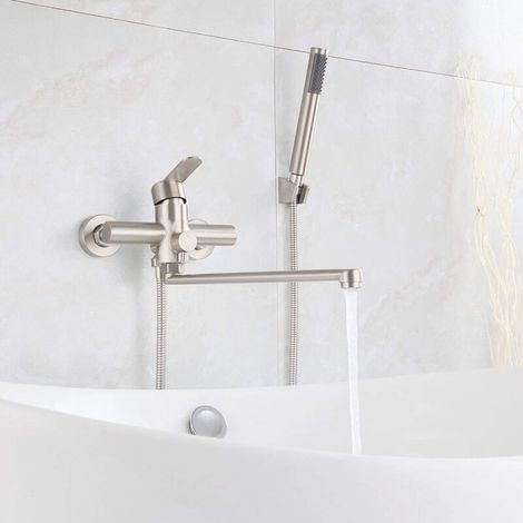 Robinet de baignoire mitigeur mural en acier inoxydable 304 – Douchette orientable 35 cm – Finition brossée anti-corrosion (1/5)