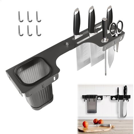 Kitchen Knife Block, Knife Holder, Wall Knife Holder, Kitchen Knife Holder with Utensil Tray and 6 Hooks, for Storing Knives and Cutlery, Metal Material, Grey (1/5)