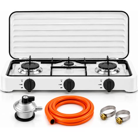 Hornillo de Gas Butano Foster 5400W de 3 Fuegos con Tapa Protectora, Regulador y Kit de Conexión (1/5)