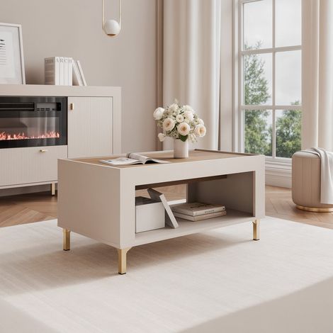 Table Basse AVENA - avec grande étagère - sur pieds - 97x56x47 cm - Cachemire/chêne (1/5)