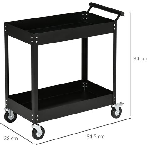Chariot de rangement atelier 2 plateaux, diable portatif outillage sans tiroirs, 4 roulettes pivotantes, poignée latérale, structure en acier robuste, charge max 150 kg, dimensions 84,5 x 38 x 84 cm, (1/5)