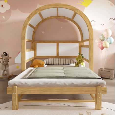 Cama infantil 140x200 cm blanca y natural de pino y MDF con cama nido extensible (1/5)