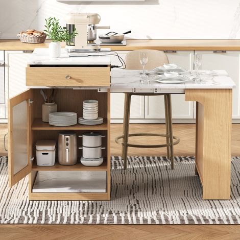 Isla de cocina 80x71111151x92 cm natural en MDF y vidrio con ruedas, almacenaje y enchufe (1/5)