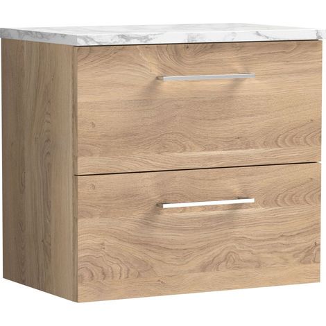 Balterley Bramshall 600mm Wall Hung 2 Drawer Vanity Unit & Laminate Worktop for Stylish Compact Bathroom Storage - Bleached Oak