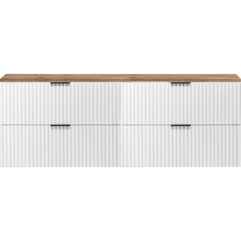 Furnidea - Meuble sous vasque à suspendre FLOW blanc avec le plan chêne wotan 160 cm - 4 tiroirs - façades rainurées (1/5)