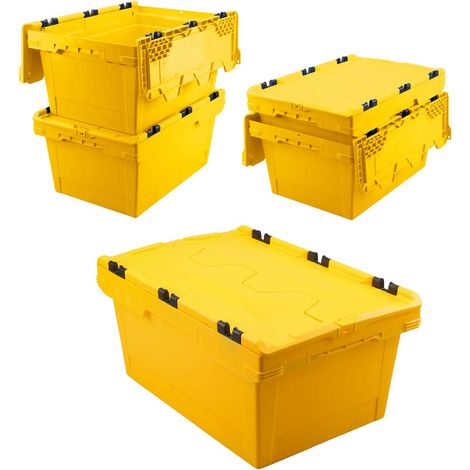 BRB Lot de 5 boîtes à couvercle rabattables réutilisables - Jaune - Empilable - 600 x 400 x 300 mm - 47 l