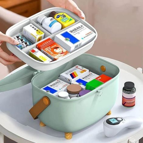 Boite pharmacie, Boîte de rangement pour médicaments, en plastique, avec poignée et compartiment amovible, double couche, (1/4)