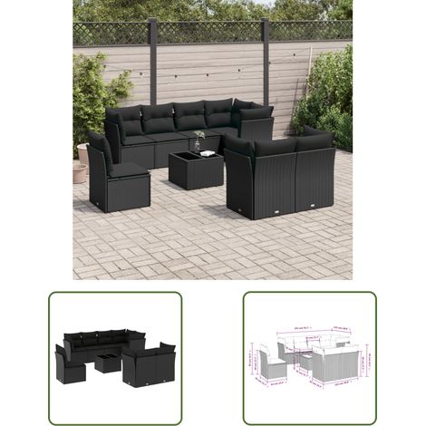 The Living Store 9-tlg. Garten-Sofagarnitur mit Kissen Schwarz Poly Rattan - Gartenmöbel Set - PE-Rattan Möbel - Outdoor Sofa - Esstisch - Lounge Garnitur (1/3)