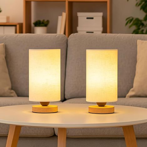 Youyijia Round Table Lamp for Bedroom Set of 2 Small Minimalist Bedside Lamp with Fabric Shade, Classic Switch and Wooden Base (Warm Light Bulb Included) (1/5)