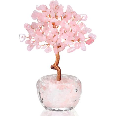 Arbre de Vie en Cristal de Quartz Rose - Arbre à Argent en Pierres Précieuses Roses Fait Main pour Décoration de Bureau et Maison, Cadeau d'Énergie Positive pour Femme