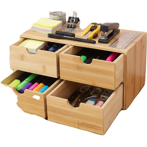 Organizador de escritorio de bambú, almacenamiento de 4 niveles, diseño minimalista, tamaño compacto, acabado de madera natural, 4 amplios cajones. (1/5)