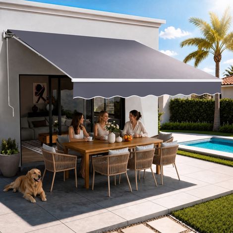 VEVOR Gelenkarmmarkise 3,5x3 m, Einziehbare Markise mit Handkurbel, Terrassenmarkise UPF 80+ Sonnenschutz, Sonnenmarkise, Balkonmarkise für Terrasse, Balkon, Garten & Fenster, Grau (1/5)