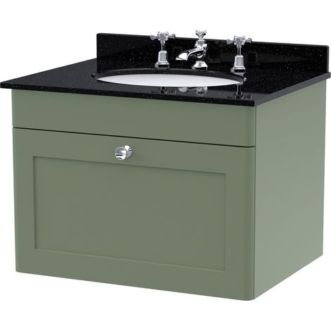 Nuie Classique Satin Green 600mm Wall Hung Single Drawer Vanity Unit with Black Marble Countertop and Round Basin with 3 Tap Holes - CLC894BR3 (1/2)