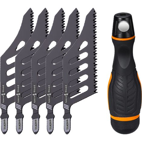 GARRYFIZH 5 Pcs Lame Scie Sauteuse Coupe Flush Acier Haut Carbone – Lames Courbe Irrégulière avec Poignée – pour Bois Tendre Panneau Fibre Contreplaqué
