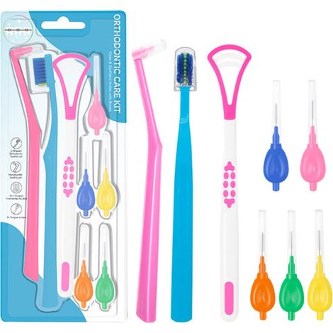 Kit de brosses interdentaires orthodontiques pour le nettoyage des appareils dentaires, comprenant brosses à dents, brossettes interdentaires, gratte-langue et boîte de rangement, multicolore (1/5)