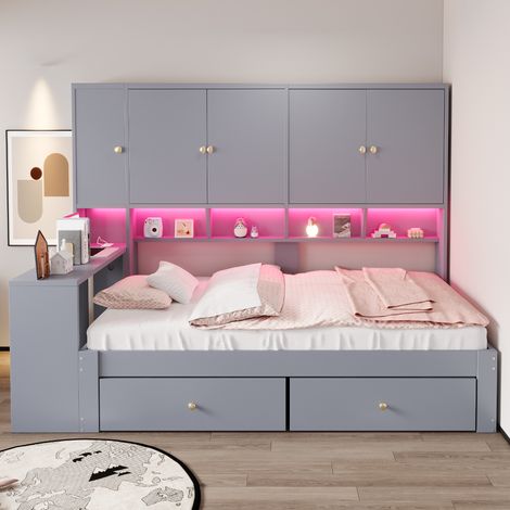 Lit multifonction enfant 1 place 90x200 cm en bois et MDF, bureau intégré, armoires, étagères, 2 tiroirs, prises, LED, gain de place, gris (1/5)