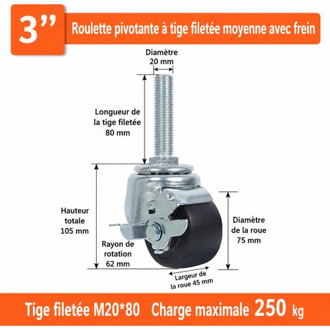 Roulette industrielle pivotante 75 mm en nylon avec frein latéral et tige filetée M2080 3 m20 80 7 2 kg – Livraison gratuite