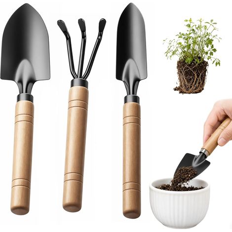 Lot de 3 mini outils de jardin avec poignée en bois robuste - Petites pelles et truelles - Idéal pour bonsaï, plantes en pot, parterres de fleurs et ameublissement du sol - Kit d'outils de (1/5)
