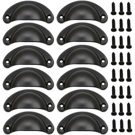 (Noir) Lot de 12 poignées coquillage vintage, poignées de porte en fer vintage avec vis pour meubles, commodes et armoires de cuisine (1/4)