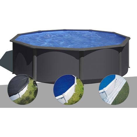 Kit piscine acier gris anthracite Gré Louko ronde 3,70 x 1,22 m + Bâche d'hivernage + Bâche à bulles + Tapis de sol